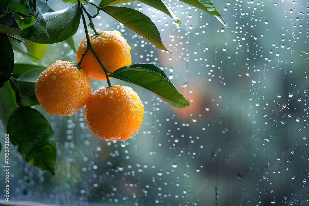 Poster three oranges hanging from a tree with raindrops on them