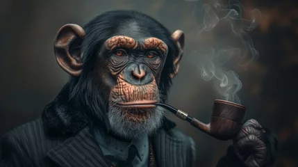Fototapete Rund A monkey with a pipe smoking and wearing an old suit, AI © starush