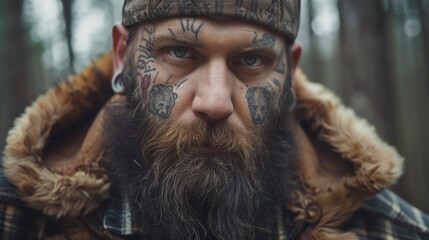 A man with a beard and tattoos on his face, AI - obrazy, fototapety, plakaty