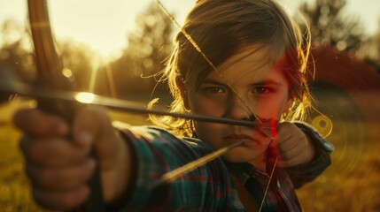 Focused young archer practicing with a bow in golden hour sunlight - obrazy, fototapety, plakaty