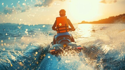 Adventurous person riding a jet ski on sunlit waves at sunset