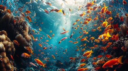 Fototapeta na wymiar Vibrant marine life colorful fish shoal in underwater vortex with coral reef and aquatic ballet