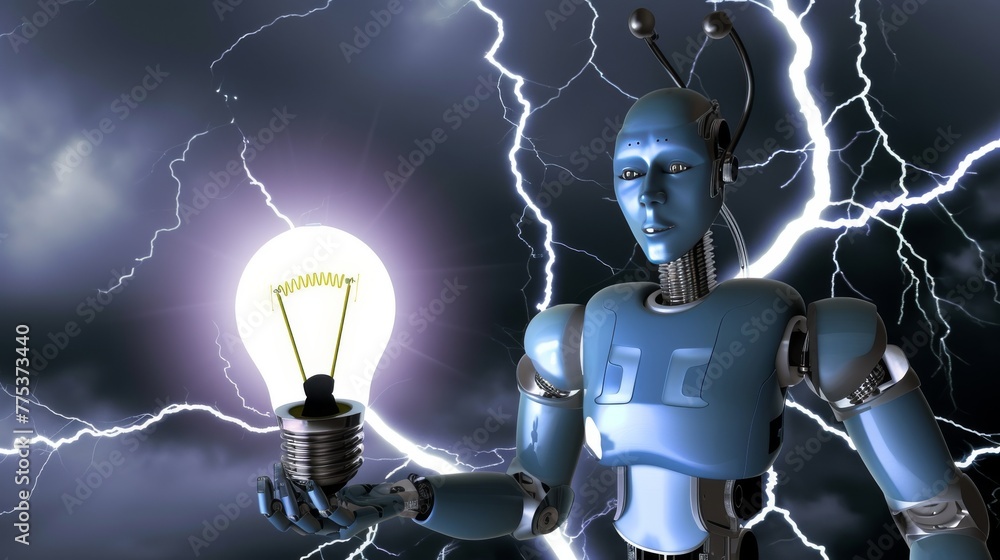 Poster artificial intelligence: robot with light bulb symbolizing ideas background with lightning strikes -