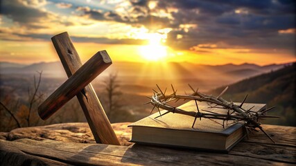 At sunset, a crown of thorns, a wooden cross, and the Holy Bible form a poignant tableau. Symbolizing Christian faith and Easter's significance, this scene offers a powerful backdrop.
