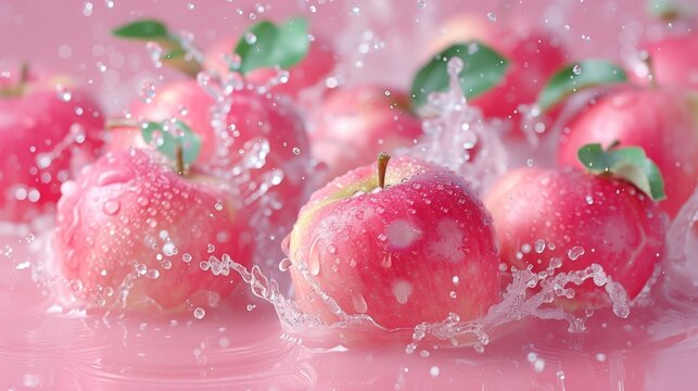 A bunch of apples are being washed in a pink liquid, AI
