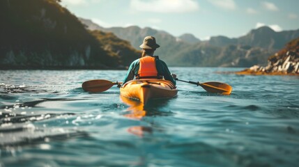 Adventurous person kayaking in the ocean, exploring scenic natural landscape