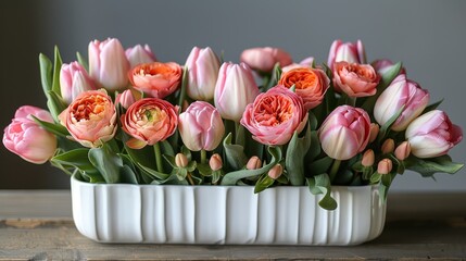   A few pink and white tulips sit in a white vase on a wooden table, positioned against a gray background