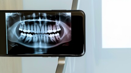 Image of an X-ray image of teeth on a smartphone screen --no text, titles --ar 16:9 --quality 0.5 --stylize 0 Job ID: 7066204a-c85c-4c81-b916-dddd5effca8b