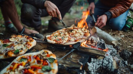 Friends preparing delicious homemade pizza on an open campfire in the great outdoors