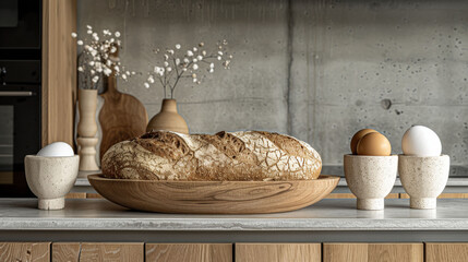   A loaf of bread sits on a counter with eggs and two salt-pepper shakers nearby - obrazy, fototapety, plakaty