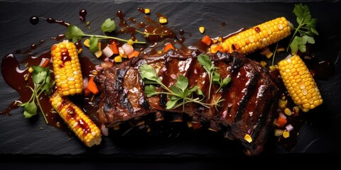 top-down view of succulent grilled beef ribs served on a sleek black slate board. Alongside the ribs are golden corn cobs, grilled to perfection, 