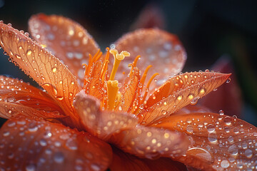 A beautiful orange flower with drops of water on a dark background.