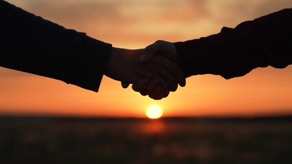 Handshake at sunset silhouette in park field. Powerful handshake people building long-term business...