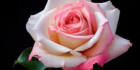 delicate pink and white rose, its petals unfurling in graceful layers. Each petal is soft and velvety, displaying a subtle blend of hues. 