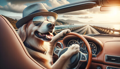 A dog in a stylish hat and glasses who drives a convertible with the top down. The dog's facial expression is one of concentrated pleasure, embodying the essence of a carefree ride.