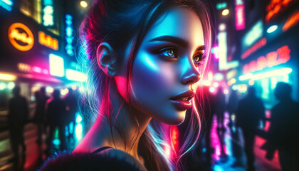 A close-up of a beautiful young woman's face, reflecting the dynamic energy of a bustling city at night. The neon lights of nearby signs and storefronts cast a kaleidoscope of vibrant colors across he