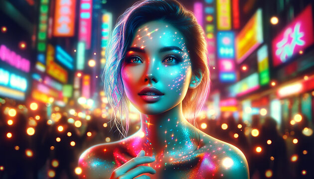 A close-up of a beautiful young woman's face, reflecting the dynamic energy of a bustling city at night. The neon lights of nearby signs and storefronts cast a kaleidoscope of vibrant colors across he