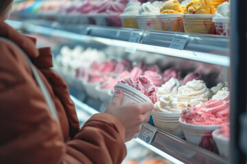 A woman is shopping for ice cream in a store