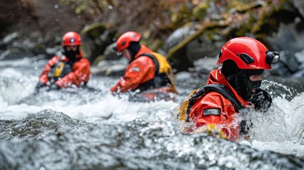 Swift water rescue training session with professional rescuers in action
