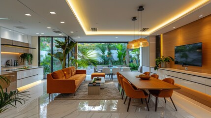Fototapeta na wymiar A Spacious Living Room Filled With Furniture and Abundant Plants
