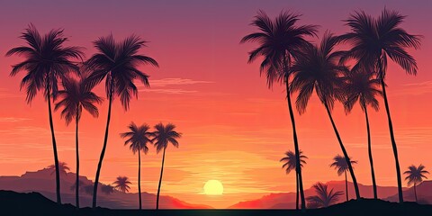 serene summer background featuring majestic coconut trees silhouetted against a warm-toned sunset. The sky is painted in hues of orange and pink, casting a golden glow over the landscape. 