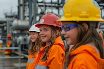 Engaged children in safety gear touring a STEM program site at an industrial terminal