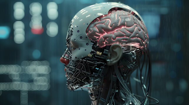 a robot head with a brain and cybernetic wires, in a futuristic style, with a blurred dark blue city street in the background