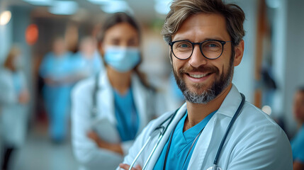 A confident healthcare professional in a lab coat with a stethoscope. - obrazy, fototapety, plakaty