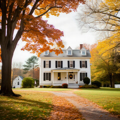 lifestyle photo new england farmhouse in fall colors.