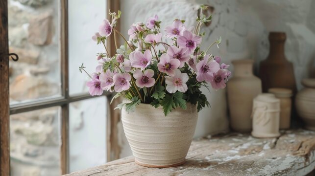   A white vase filled with pink flowers sits on a window sill next to another
