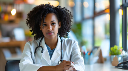 A confident woman in a white lab coat smiles warmly, her stethoscope necklace glinting against her fashionable jheri curl, standing in front of a wall indoors - obrazy, fototapety, plakaty