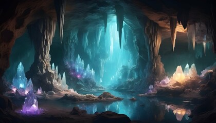 Enigmatic-Hidden-Cave-Filled-With-Glowing-Crystal- 2 - obrazy, fototapety, plakaty