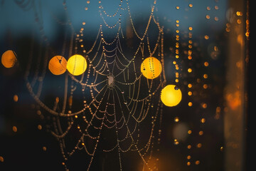 A spider web with four yellow balls hanging from it - obrazy, fototapety, plakaty