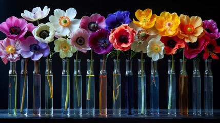   A wooden table holds a row of vibrant flower-filled vases against a dark backdrop