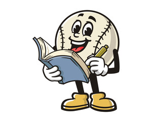 Baseball with book cartoon mascot illustration character vector clip art hand drawn