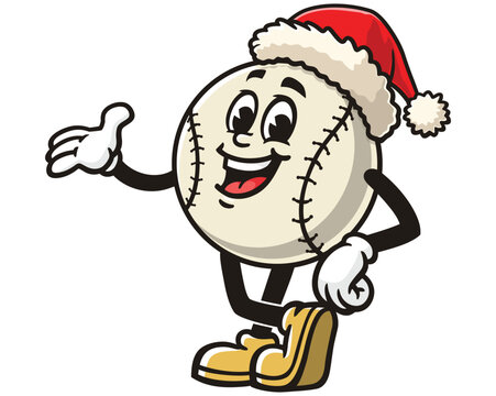 Baseball wearing a Christmas hat cartoon mascot illustration character vector clip art hand drawn