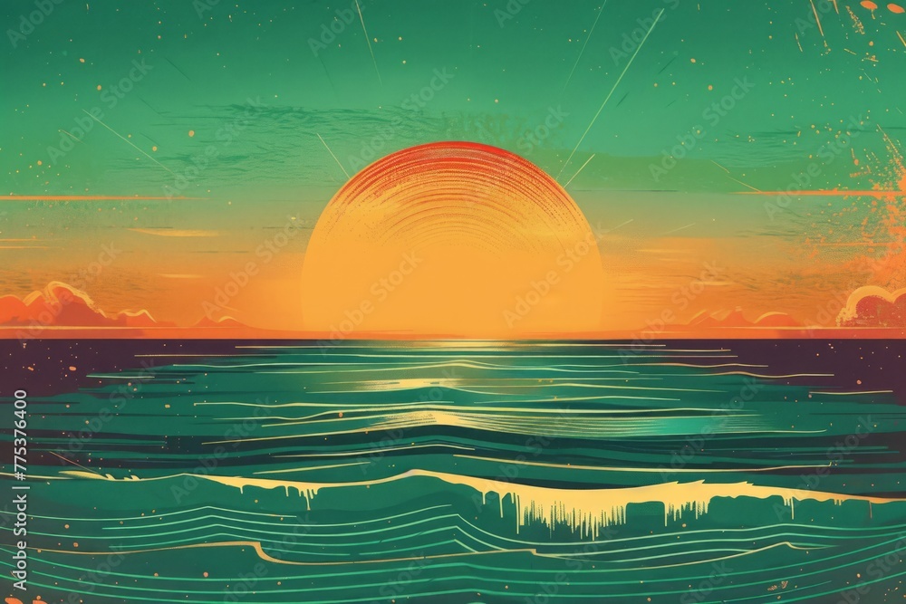 Poster an ocean sunset with retro colors of green and orange hues the retro design style features a grainy 