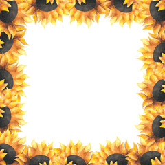 Frame with bright watercolor sunflowers for Harvest festival decoration Floral poster invitation greeting card seed oil wrapping design postcard Fall plant Botanical yellow border template Blooming