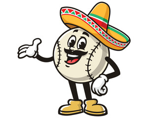 Baseball wearing sombrero cartoon mascot illustration character vector clip art hand drawn