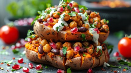   A beautifully arranged stack of roasted sweet potatoes, adorned with beans, finished with a dollop of sour cream and accentuated with pomegranate seeds - obrazy, fototapety, plakaty