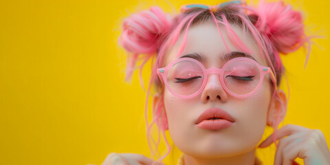 A girl with pink hair and glasses is looking at the camera. She has a pink nose and lips. pop rock...