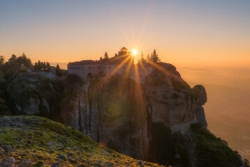 Sunrise over Monastery of Saint Stefanos at Meteora Greece.  - obrazy, fototapety, plakaty