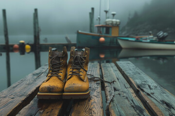 Two brown boots are sitting on a wooden dock by a body of water - Powered by Adobe