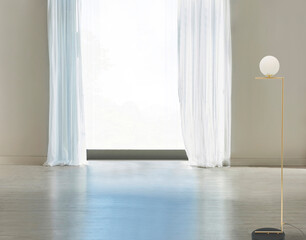 empty living room interior decoration modern lamp and wooden floor, stone wall concept. decorative background for home, office, hotel. 3D illustration