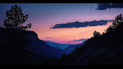 USA, New Mexico, Los Alamos, Scenic Mountain Landscape over Bandelier National Monument at Sunset