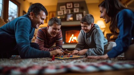 The family is sitting on the hardwood floor, sharing a fun board game event in front of the fireplace, enjoying the warmth and darkness. AIG41
