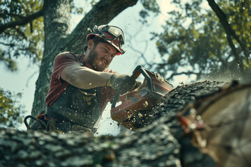 Man Using Chainsaw to Cut Tree