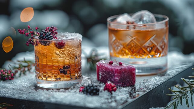   Two glasses of drink on a frozen table with cranberry garnish