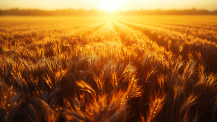 Obraz premium Wheat Field Sunset Landscape: A serene countryside scene bathed in the warm glow of the setting sun, where golden wheat sways gently in the summer breeze under a vast, blue sky