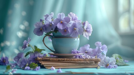   A teacup with purple flowers sits atop a tablecloth of blue, surrounded by stacked books - obrazy, fototapety, plakaty